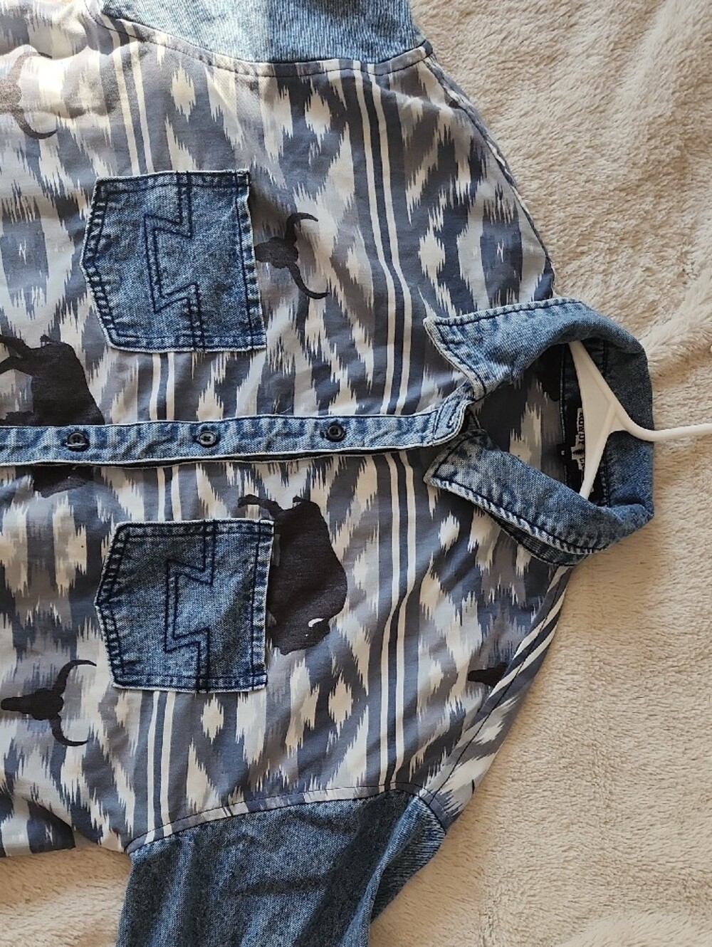 Rowdy Crowd Western Aztec Buffalo Denim Button Up Shirt Cowgirl Rodeo Shirt | S - Picture 5 of 6